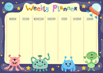 Weekly planner with funny aliens in flat cartoon style. Children's schedule template. Vector illustration.