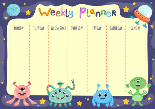 Weekly planner with funny aliens in flat cartoon style. Children's schedule template. Vector illustration.