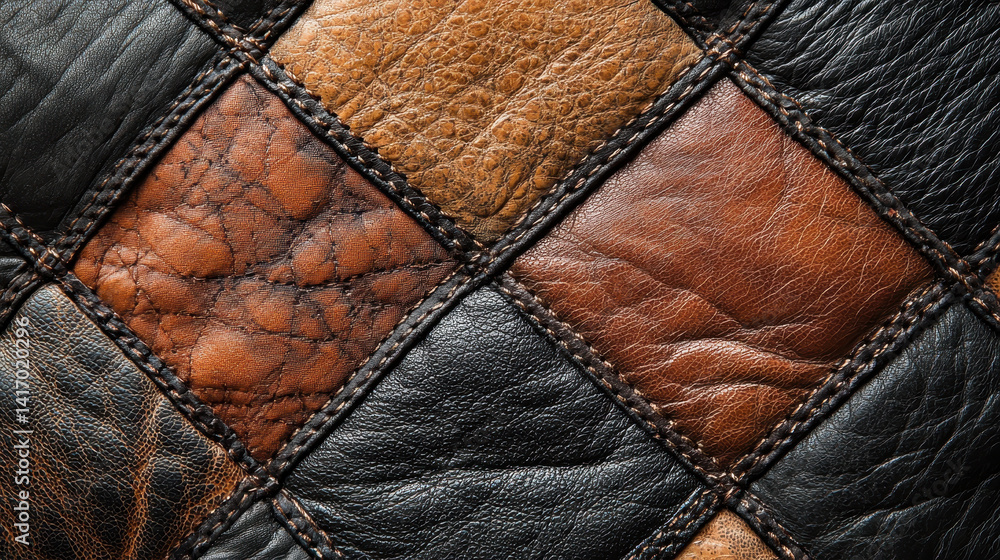 Poster close-up view of geometric shapes in leather and fabric showcasing square and triangle designs with 