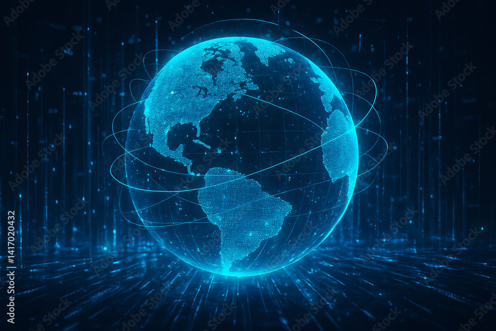 Aufkleber a futuristic 3d representation of the earth within a networking sphere, illuminated by digital eleme