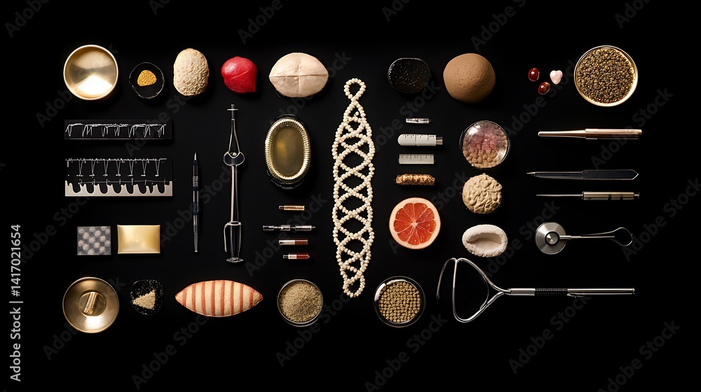 Poster a curated collection of diverse objects arranged on a black background, showcasing a variety of text