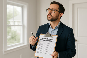 A focused professional holds a clipboard with a home inspection checklist, preparing for important tasks in a bright, organized environment, ensuring quality and attention to detai