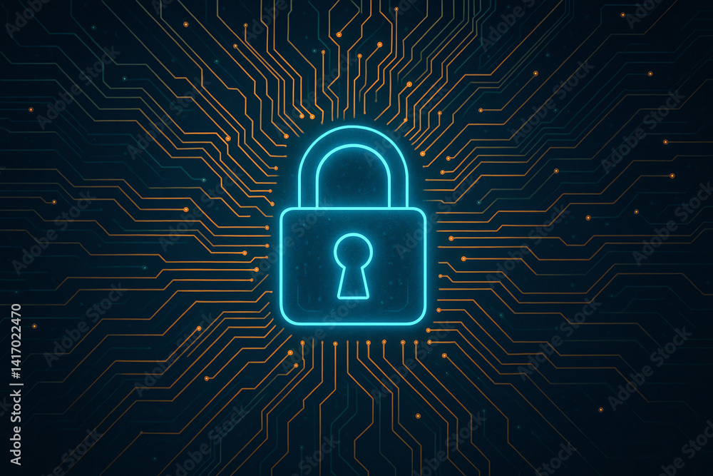 Poster a digital lock symbol over a circuit board background, representing cybersecurity and data protectio