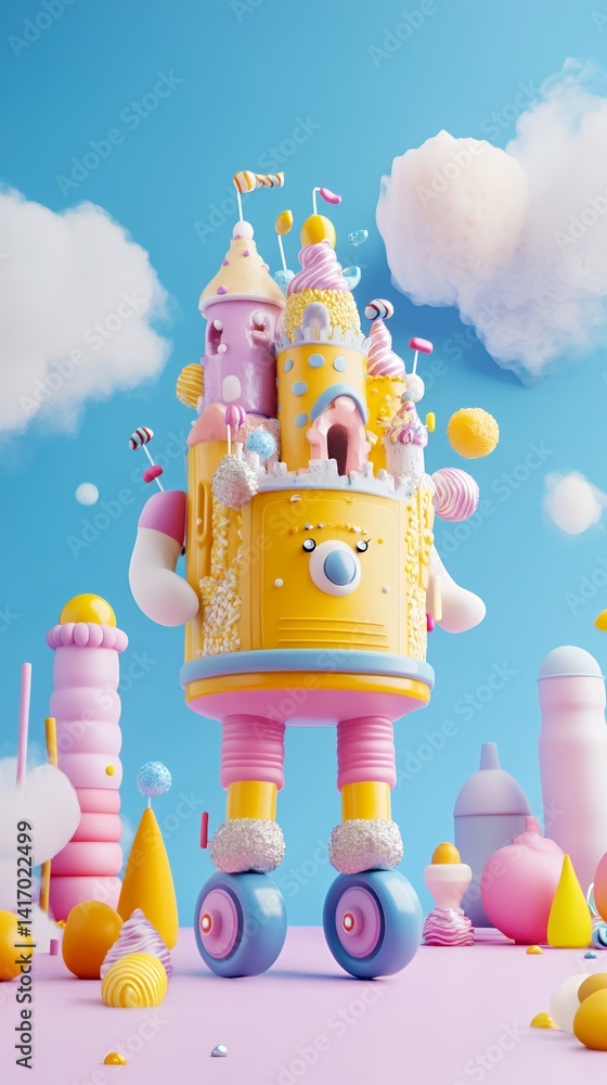 Poster bright and playful cartoon character with a cheerful expression surrounded by colorful elements in a