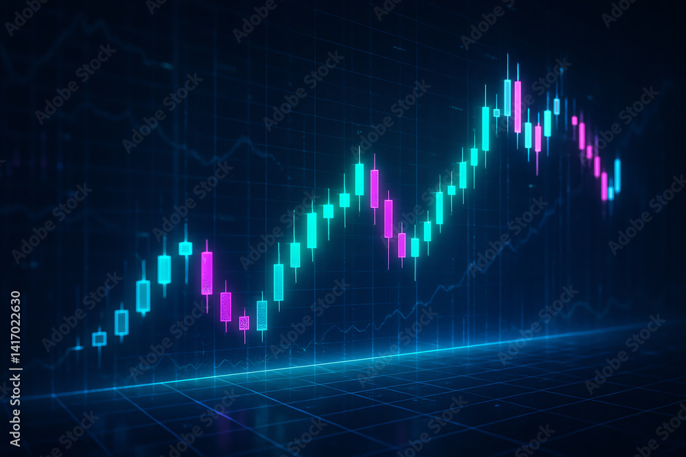 Poster a vibrant digital stock market chart displaying colorful candlestick patterns