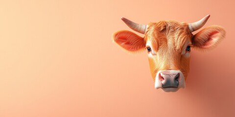 Brown cow peeking over an orange wall, farm animal portrait