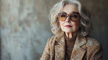 Confident elderly woman showcasing modern fashion with statement jacket and wide-leg pants against a neutral backdrop