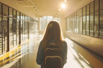 Female teen walking alone in sunlit school hallway with backpack