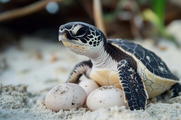 Obraz premium Sea turtle protecting eggs on sandy beach with natural background