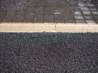 Freshly laid asphalt meets a concrete curb and tiled pavement, with scattered flower petals adding contrast and texture.