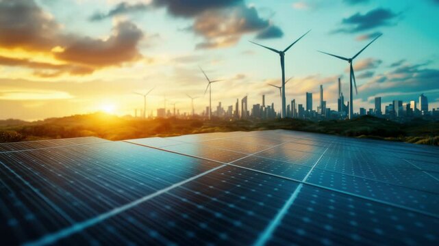 Solar Panels and Wind Turbines at Sunset Overlooking Cityscape