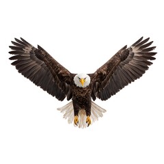 Obraz premium Bald eagle soaring with wings spread wide, front view isolated on white background