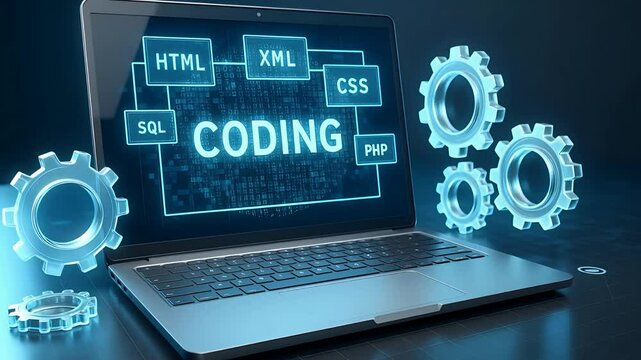 Laptop Displaying Coding Languages and Development Tools with Digital Gears and Programming Elements

