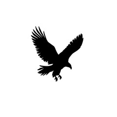 Silhouette of an eagle with wings spread coming down isolated on white background