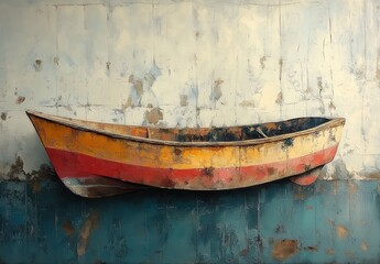 Old wooden boat with peeling paint against a wall backdrop