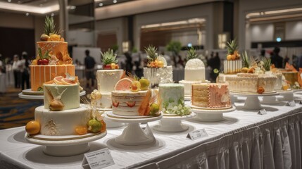 A stunning display of layer cakes, decorated with intricate designs and fresh fruits - sweet styling baking lemon