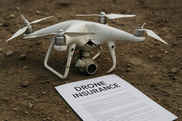 A white drone resting on the ground next to a document titled 'Drone Insurance.' This image highlights the importance of insurance in the growing field of drone technology.