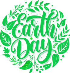 Obraz premium Leafy circle around Earth Day hand-drawn typography, Earth Day vector concept designed for cards, postcards, social media posts, design templates, posters, and banners.