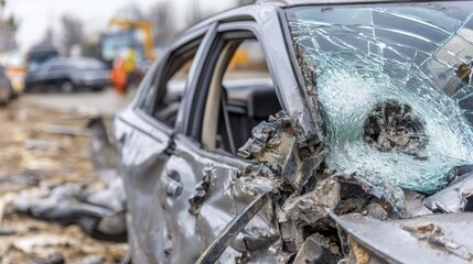 Close-up of a severely damaged car door, showing twisted metal and broken glass - investigation twisted insurance claim detail close-up
