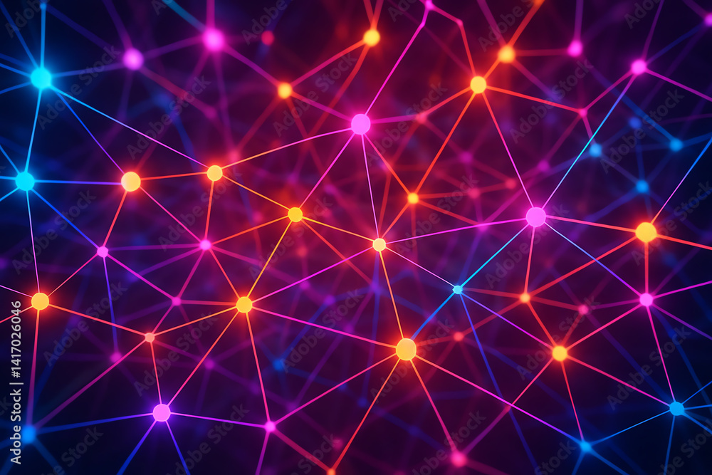 Poster a vibrant, abstract representation of interconnected nodes and networks featuring bright colors in a