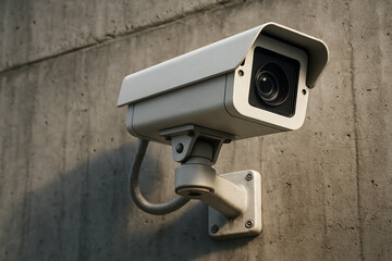 Modern surveillance camera mounted on a concrete wall, representing security and monitoring technology. Ideal for concepts of safety, crime prevention, and urban infrastructure.