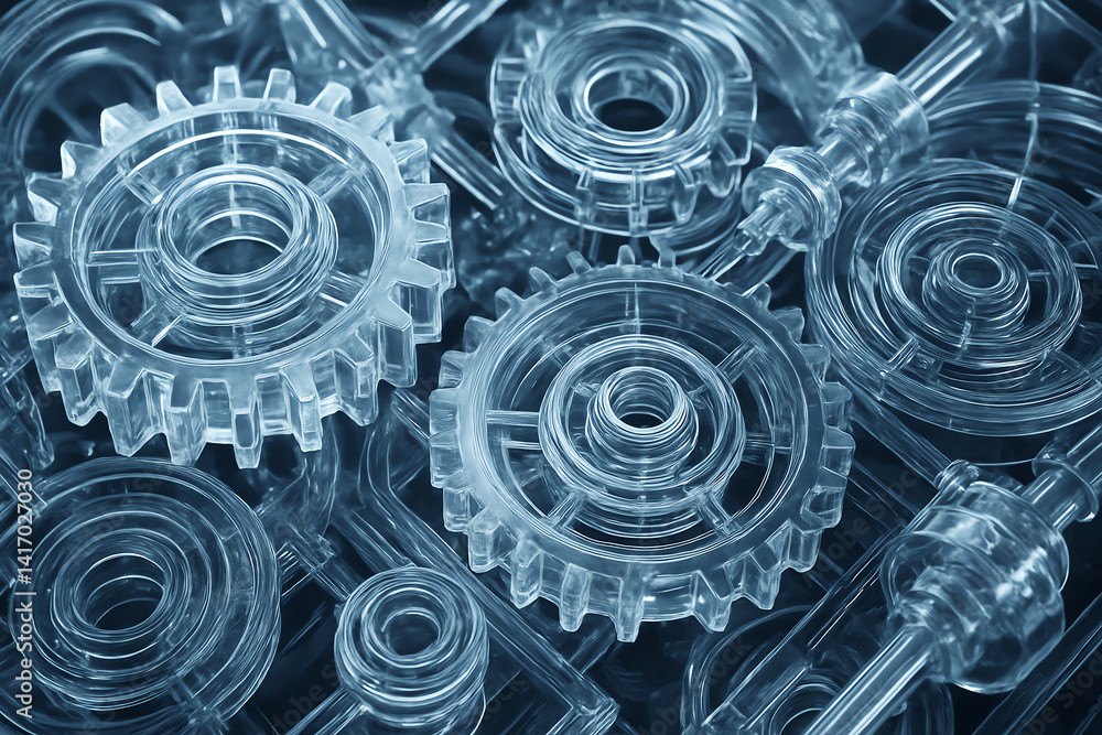 Poster a close-up view of intricate transparent gears, symbolizing precision and engineering. this visually