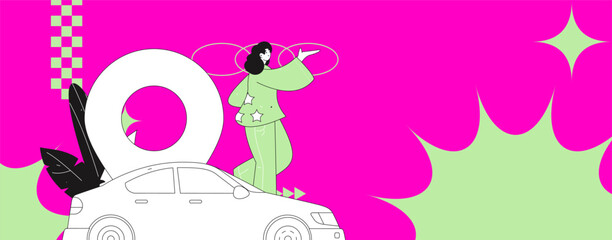 Flat vector concept operation hand drawn illustration of people taking a taxi
