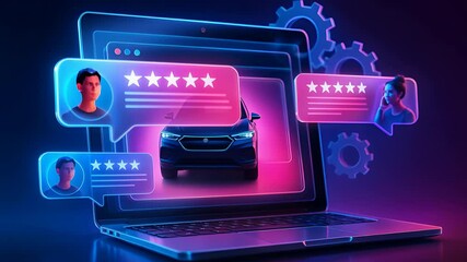 Laptop Displaying Car Reviews with User Ratings and Digital Interaction Interface

