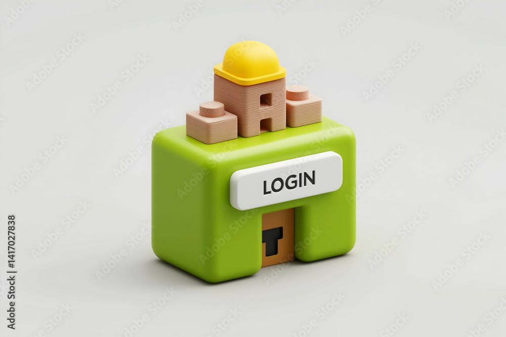 Poster a colorful, stylized login icon featuring a castle-like structure, symbolizing security and access i
