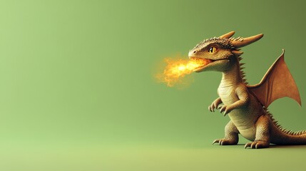 Fototapeta premium Cute cartoon dragon exhales fiery breath.
