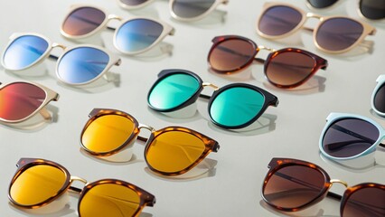 Collection of trendy sunglasses with different frames and lenses showcased on a reflective display. Represents eyewear fashion and accessories