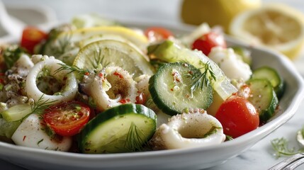 A vibrant seafood salad featuring tender calamari rings, crisp vegetables, and a lemon vinaigrette - light rings red lettuce bowl