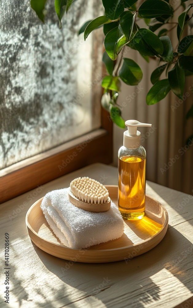Poster cozy natural setting featuring a refreshing drink with garnish surrounded by a plant and soft textil