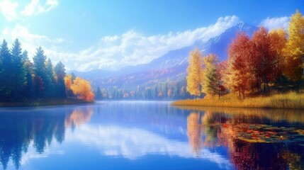 Fototapeta premium A lake illustrator nature serene landscape background with a winding path through lush green hills, dotted with wildflowers, under a dramatic sky, capturing nature's beauty and inviting adventure