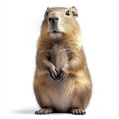 A cute, brown, and fluffy capybara standing on its hind legs, looking directly at the camera. The background is white.