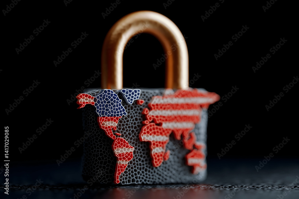 Poster a stylized padlock featuring a world map design, symbolizing security and global connection against 