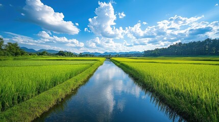 Naklejka premium rice fields next to the river contrasting with the blue sky