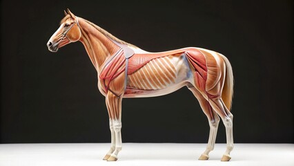 Anatomical illustration of a horse showing its musculature and skeletal structure. Represents equine anatomy and biology