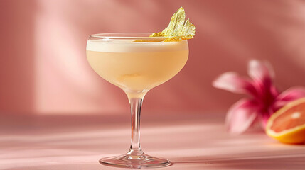 Elegant, light-pink cocktail in a stemmed glass, garnished with a citrus slice, against a soft pink backdrop.