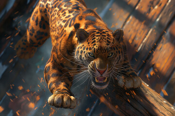 Snarling Jaguar Attack: Intense Face of a Ferocious Predator about to strike.