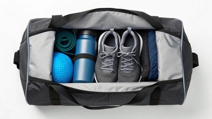 Top view of a black duffel bag filled with athletic shoes, water bottle, exercise mat, and foam roller in shades of blue and gray. Ideal for illustrating gym essentials
