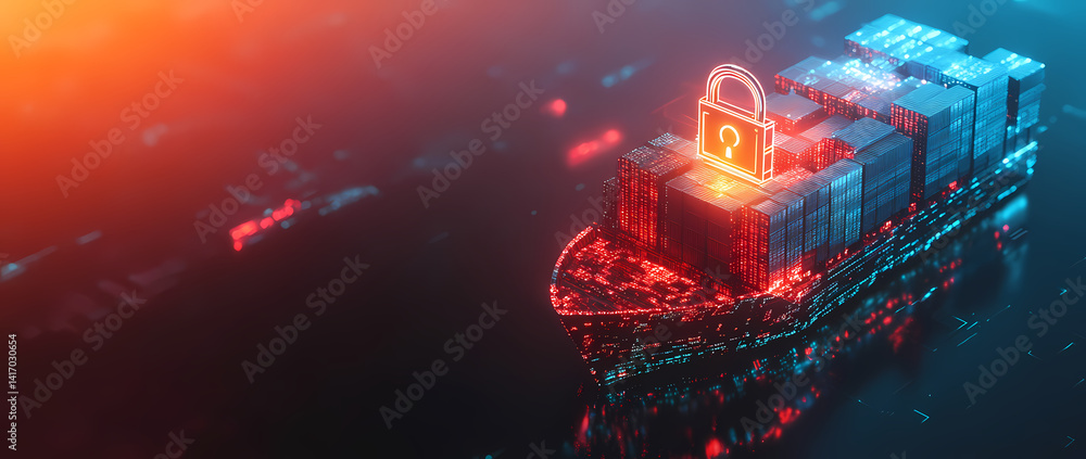 Poster cybersecurity at sea: a striking conceptual image depicts a container ship under a digital lock, set