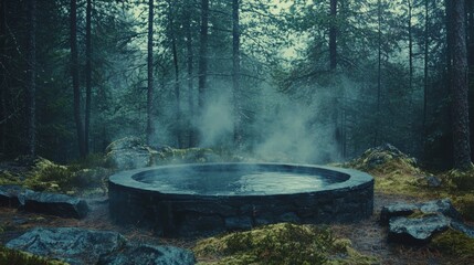 Forest spring Steaming water within stone well surrounded by moss and trees