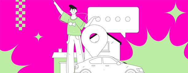 Flat vector concept operation hand drawn illustration of people taking a taxi
