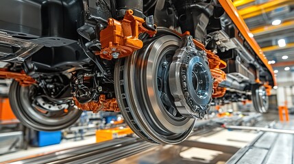 Fototapeta premium Detailed view of automotive brake system on a stainless steel workbench