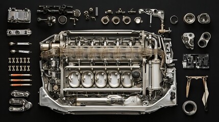 Disassembled internal combustion engine parts laid out in perfect symmetry
