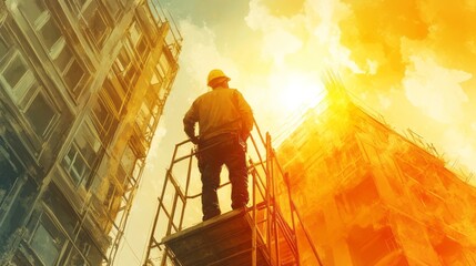 Fototapeta premium Construction worker stands on scaffolding overlooking buildings in sunshine