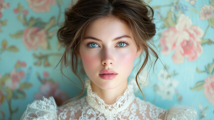 Model showcases romantic fashion with luxurious blouse and expressive jabot against vintage-inspired lighting