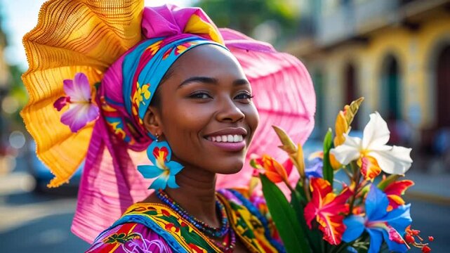 Portrait of a beautiful young cuban woman on the street with flowers

