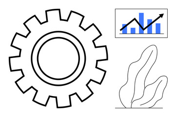 Large gear, upward bar chart with arrow, and abstract leaf. Ideal for teamwork, progress, strategy, technology, industry, eco-consciousness simple landing page